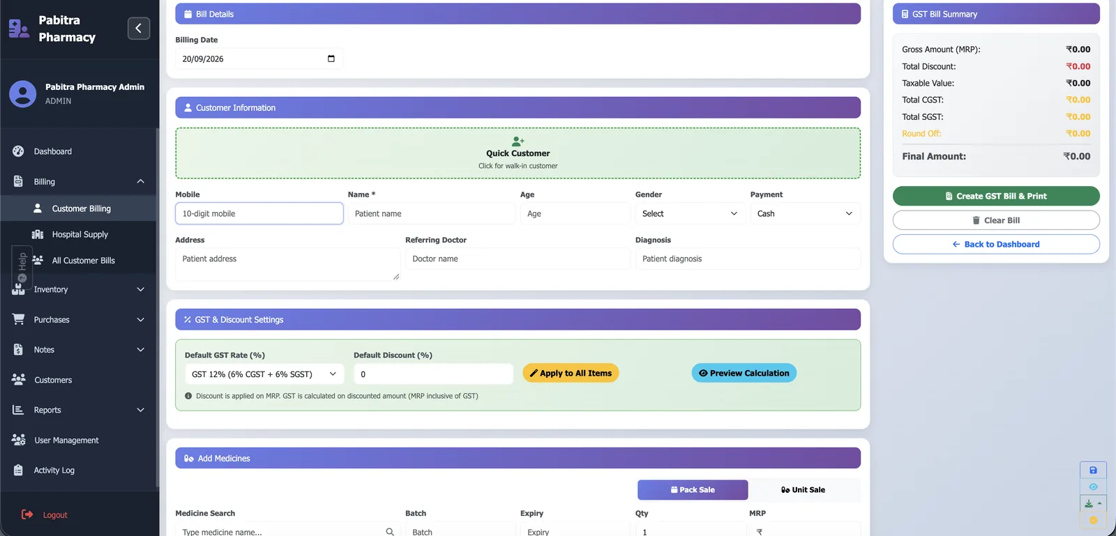 Pharmacy customer billing with GST
